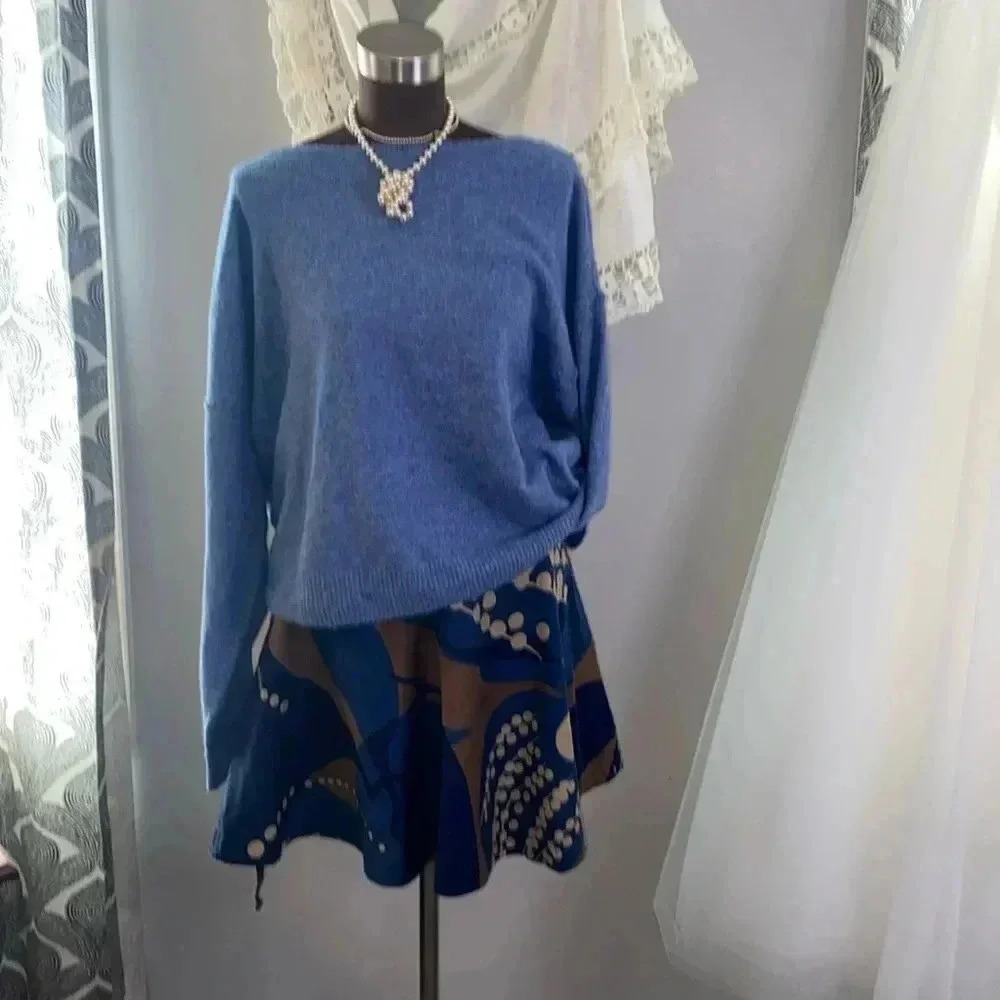 Abstract Floral Print Wrap Skirt Blue Tan Bohemian Skirt